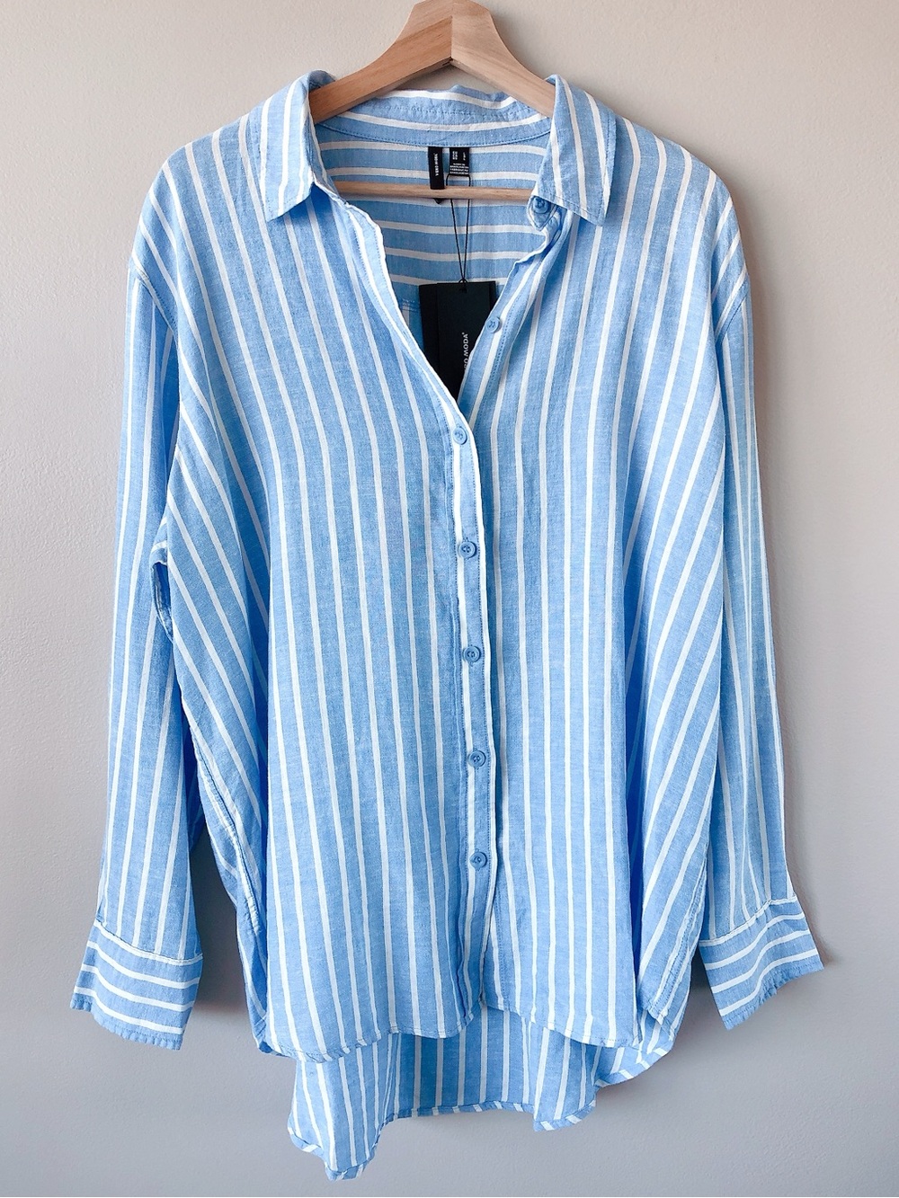 Vero Moda linen blend Light Blue and White Striped Button-Up Shirt lightweight